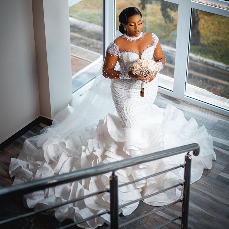 Plus Size Aso Ebi Wedding Dresses Sheer Neck Illusion Long Sleeves Tulle Lace Bridal Gowns for African Nigeria Black Women Tiered Mermaid Pearls Marri
