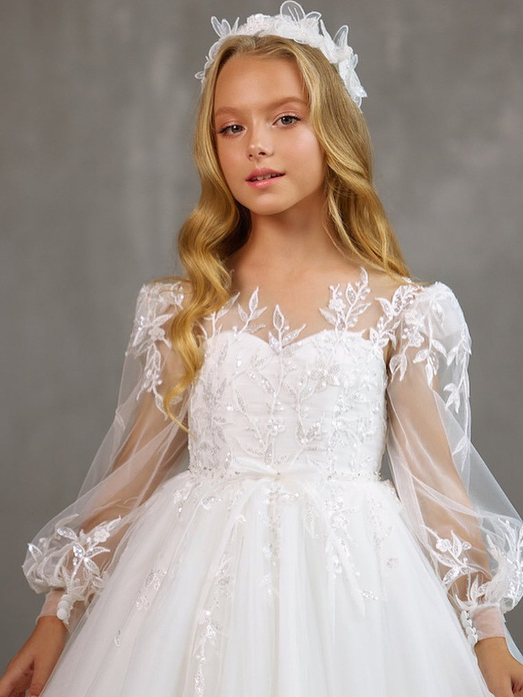 Luxurious White Lace Beaded Flower Dresses Ball Gown Sheer Neck Crystals Organza Lilttle Kids Birthday Wed Gowns Long Sleeve Ritzee Girl Pageant Dress