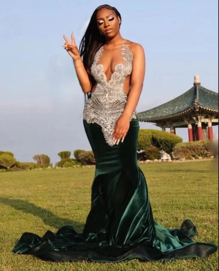 Eremald Green Velvet Mermaid Prom Dresses for Black Girl Sheer Mesh Luxury Diamond Crystal Birthday Guest Gown for Women