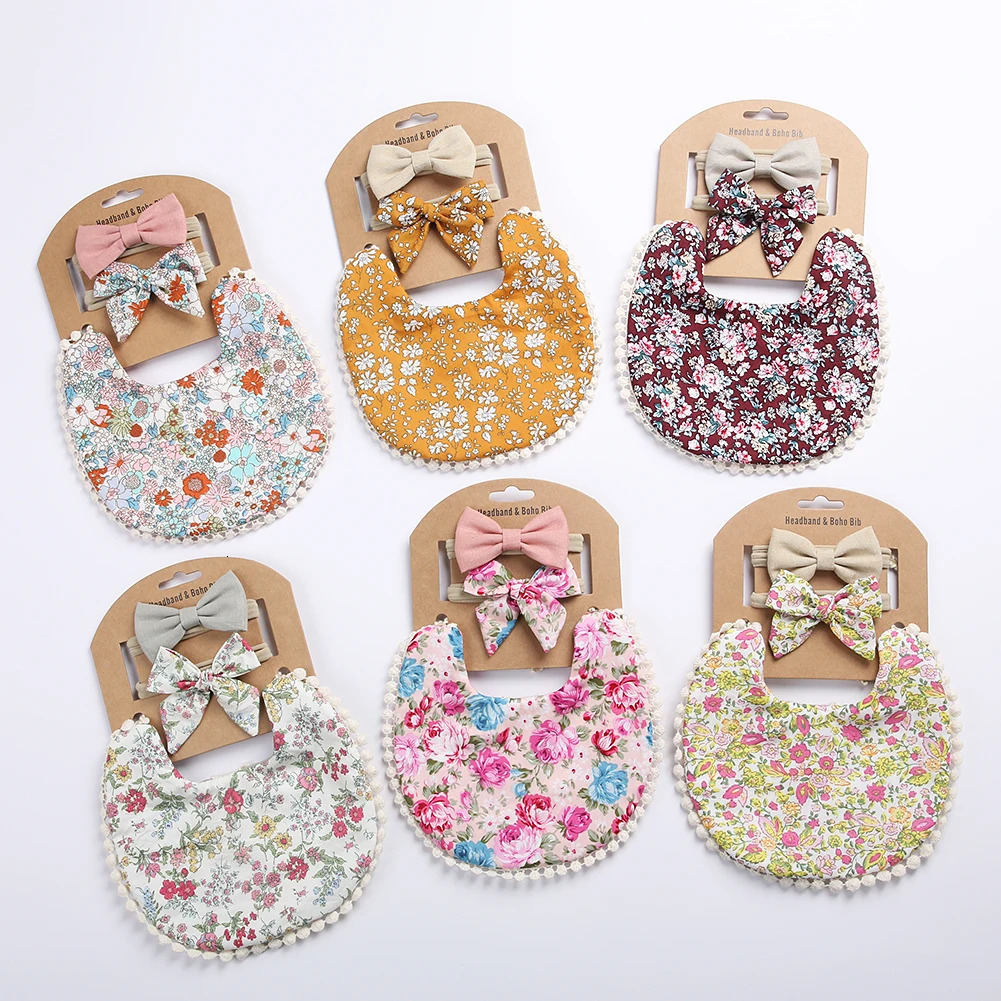 12Sets/Lot Baby Tassel Saliva Towel Headband Floral Vintage born Pography Double Side Bibs Boys Girls Props Bandana Burps 231229