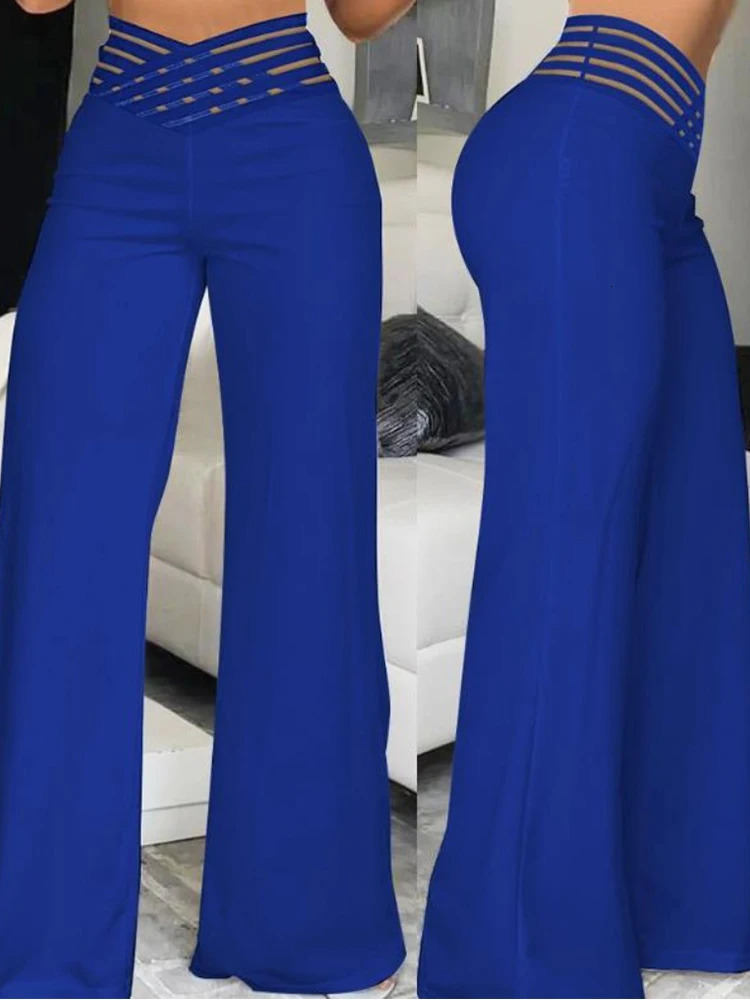 Elegant High Waist Flared Women Pants Office Casual Crisscross Sheer Mesh Patch Trousers Clothes 231228
