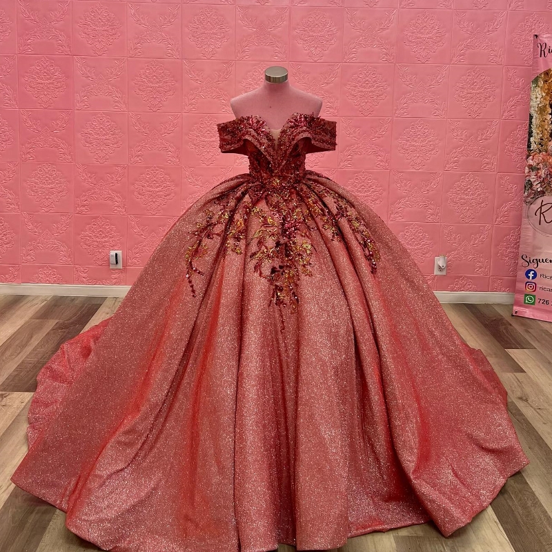 Red Sexy Off the Shoulder vestido de 15 anos Quinceanera 2025 ral Sequin Applique Beads Girls Pageant Dress Backless Sweet 16 Prom Gowns