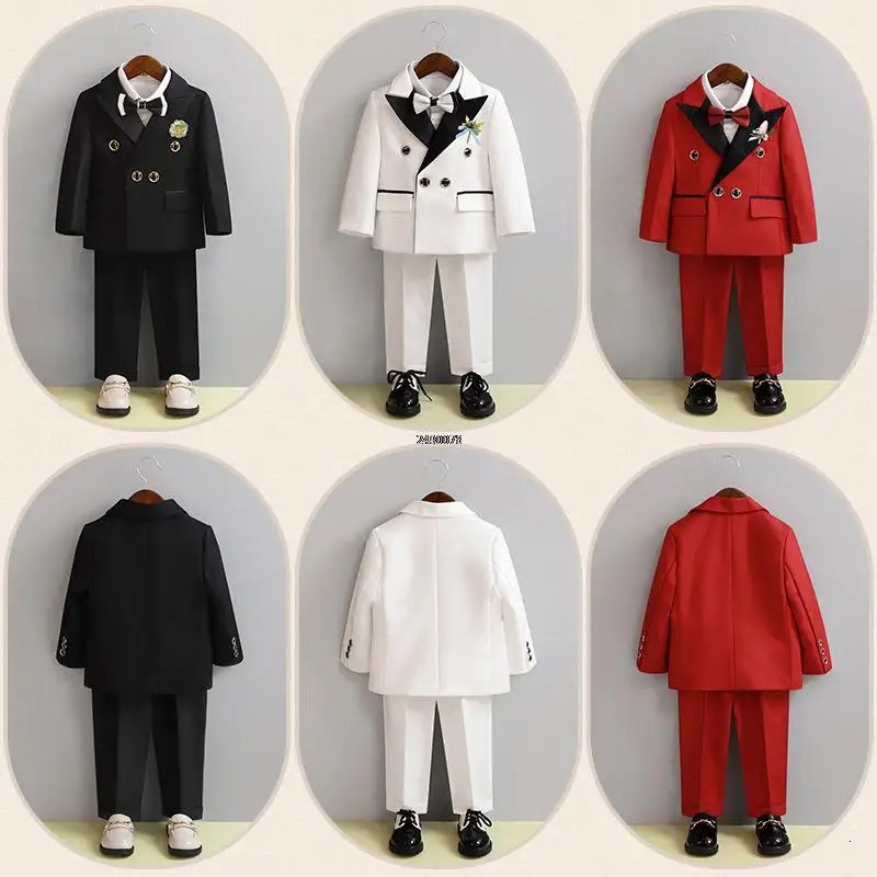 Children White Wedding Suit Boys Girls1 Year Birthday Dress Costume Kids Jacket Pants Bowtie P ograph Flower Tuxedo 231228