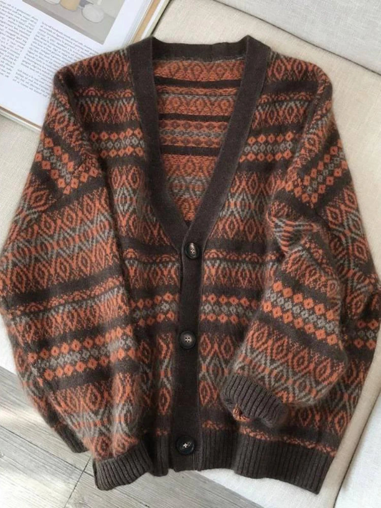 Women's Clothing Korea Stylish Sweaters 2023 Autumn Winter Screw Thread Jacquard Weave Knitted Cardigan LOOSE Thickening Coats 231228