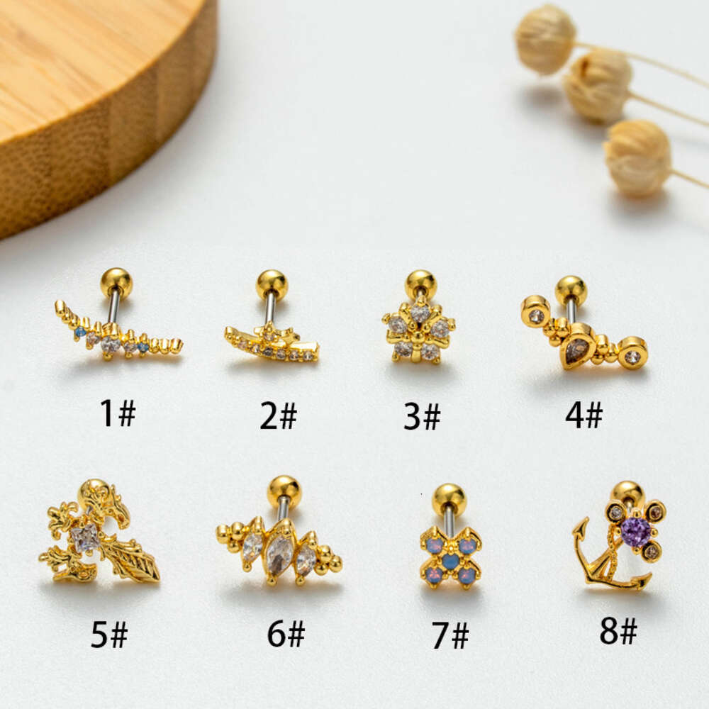 Surgical Stainless Steel Earring Barbell Cubic Zirconia Helix Ball Studs Ear Ring Earrings 0.8 Double Screw Earrings Flower Heart Cartilage Piercing B