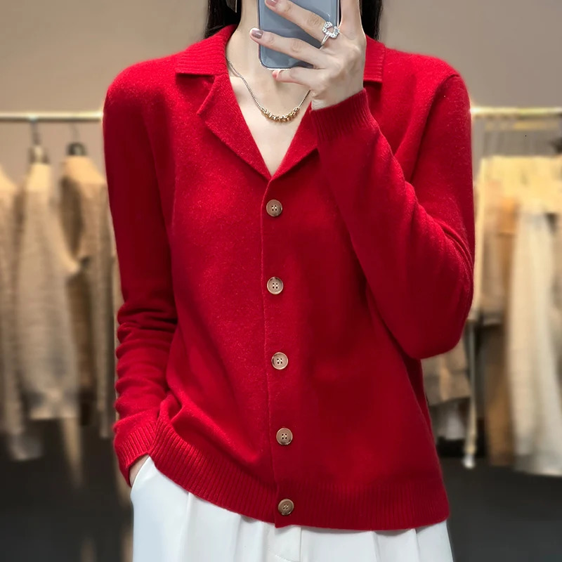 Collar cardigan sweater women's 100 wool long sleeved trend fine cashmere knitted coat autumn and winter top SXXL 231228