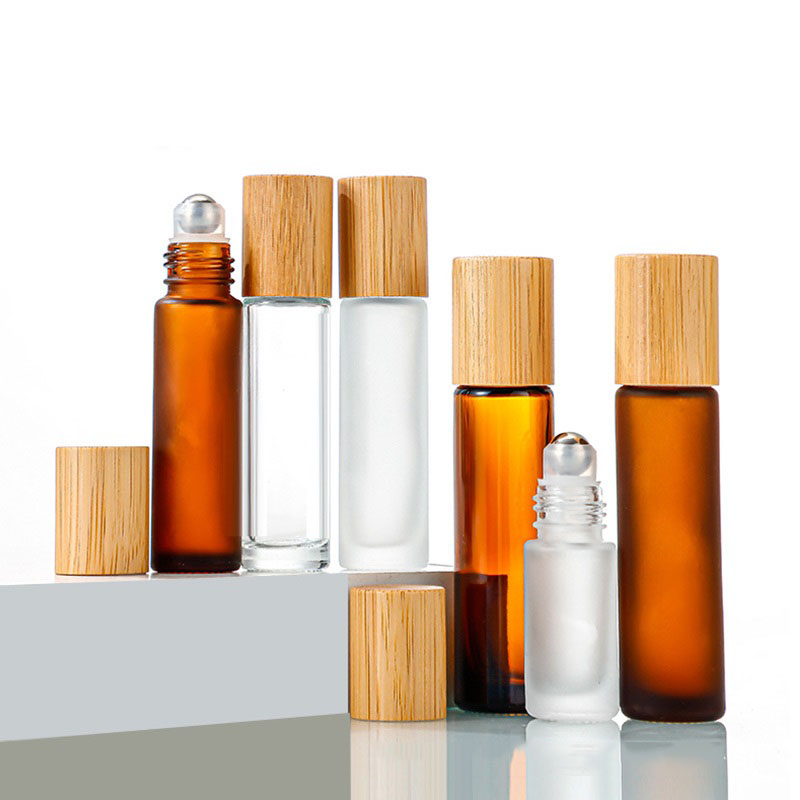 10ml Glass Roll On Bottles Frosted Amber Essential Oil Perfume Bottle with Bamboo Cap Stainless Steel Roller Ball