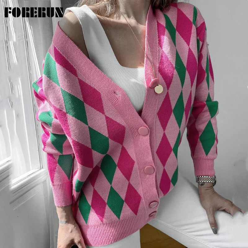 FORERIN Argyle Knitted Cardigan Fashion V Neck Long Sleeve Top Winter Autumn Loose Sweater for Women Drop 231228