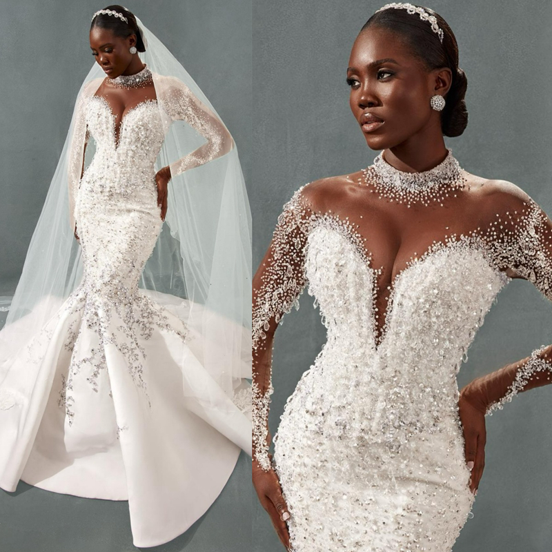 Lastest Aso Ebi Wedding Dresses Sheer Neck Illusion Long Sleeves Tulle Lace Bridal Gowns for African Arabic Nigeria Black Women Bride Mermaid Marriage