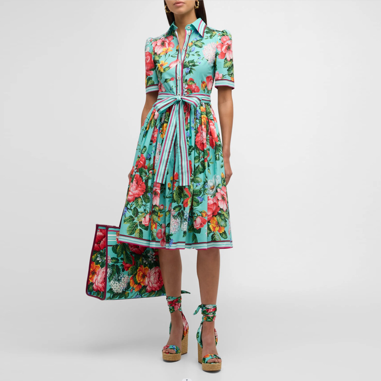 Dresses birthday dresses summer dress designer dress blue cotton rose printed short sleeved midi dress dresses for woman womens designer clothing designer dresses