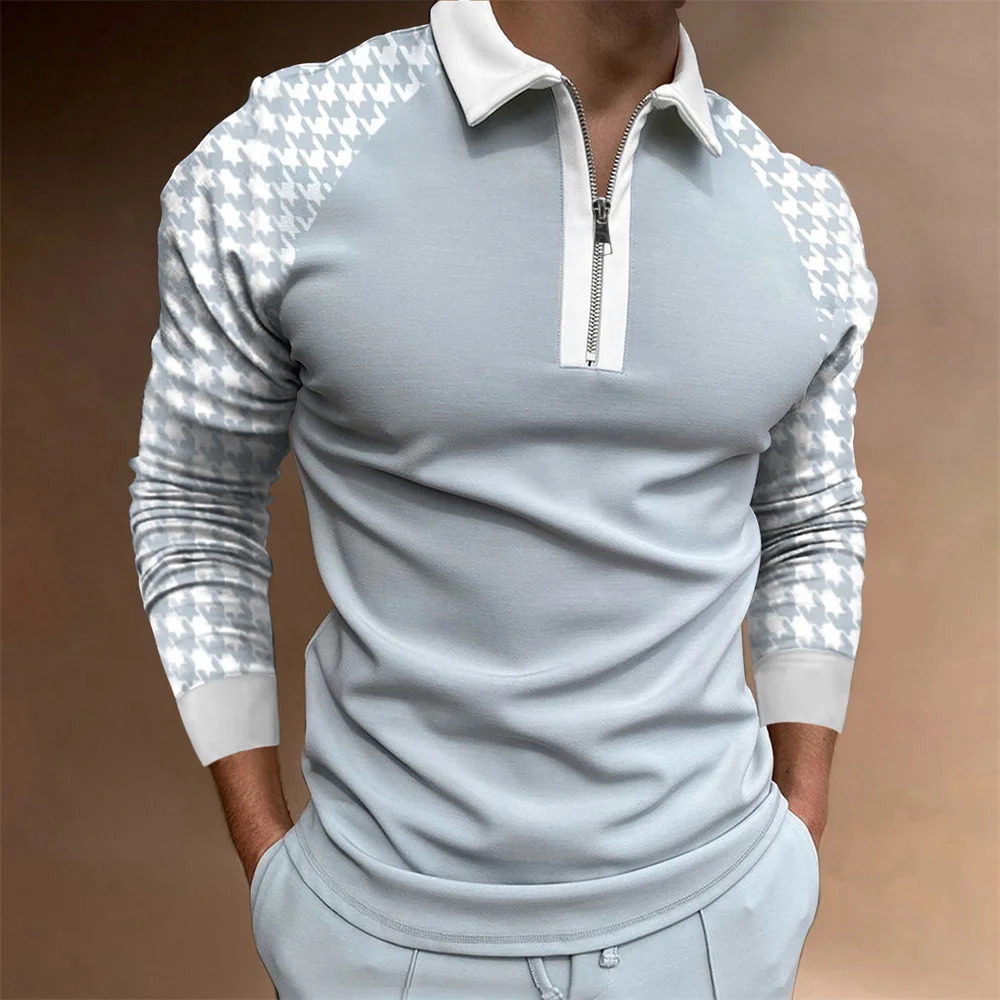 Long sleeved Men s Casual Simple Plaid Digital Printing POLO 231228