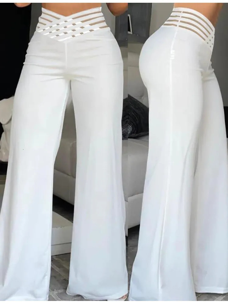 Elegant High Waist Flared Women Pants Office Casual Crisscross Sheer Mesh Patch Trousers Clothes 231228