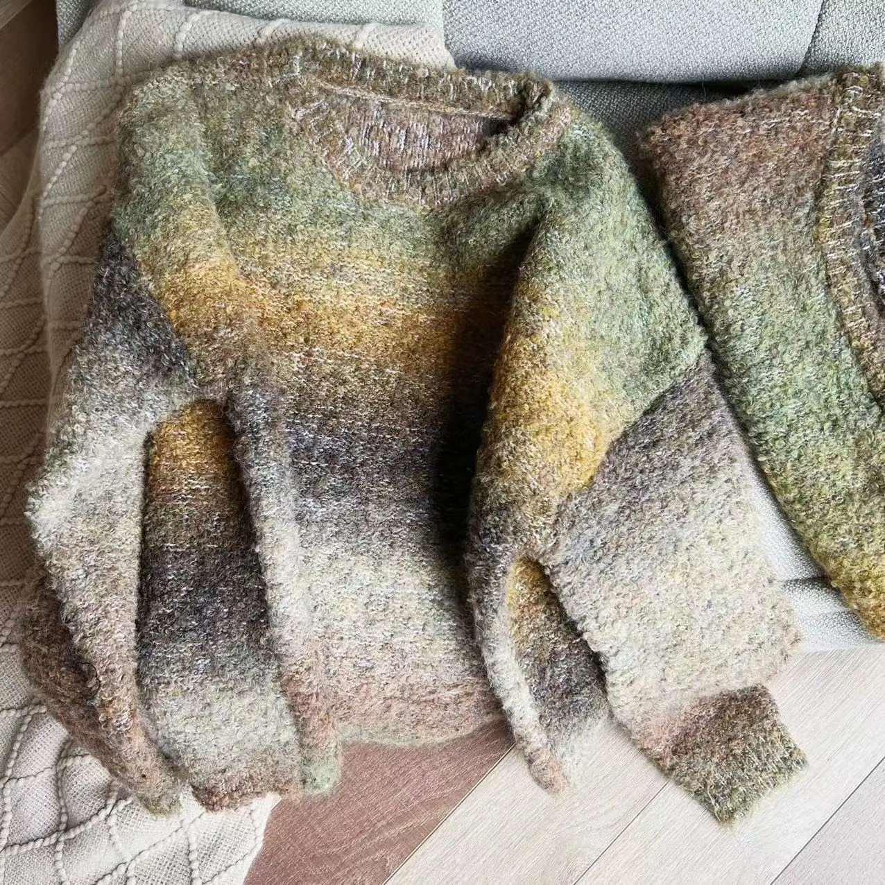Winter Children's Parent-child Retro Gradient Rainbow Sweater Scarf Hat 231228