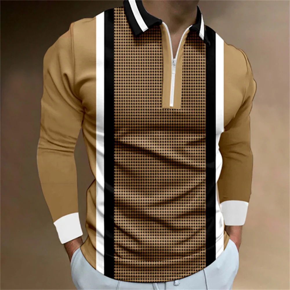 Long sleeved Men s Casual Simple Plaid Digital Printing POLO 231228