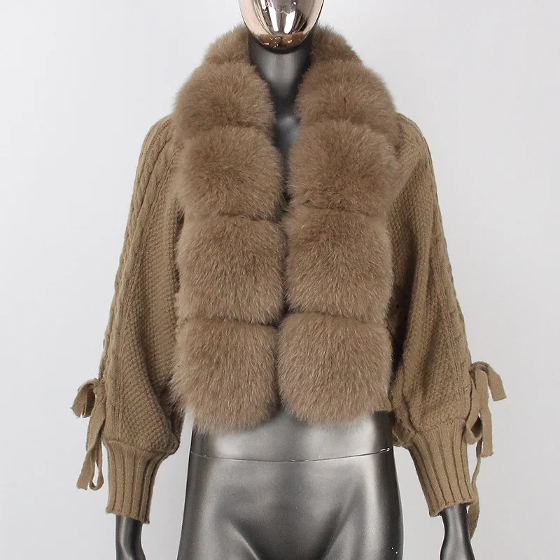 2023 Winter Women Casual Real Fur Collar Coat Short Thick Warm Loose Knitted Jacket Natural Placket Outerwear Streetwear 231228