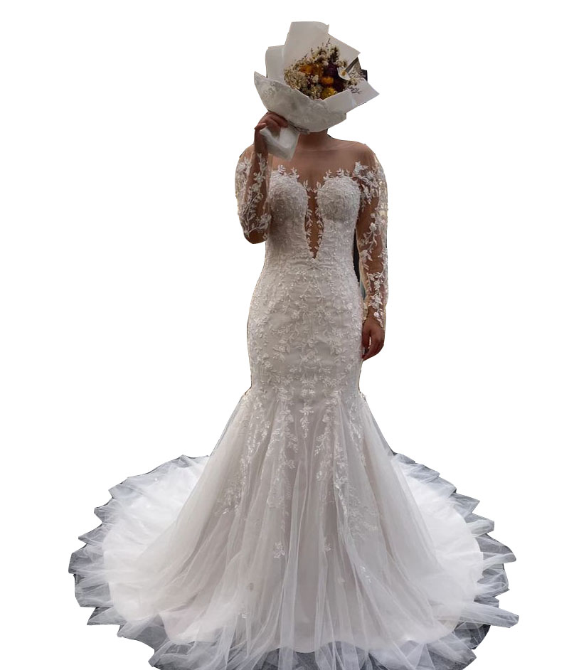 2024 Sexy Wedding Dresses Bridal Gowns Lace Appliques Crystal Beads Illusion Mermaid Long Sleeves Custom Country Plus Size Sweep Train Overskirts 0513