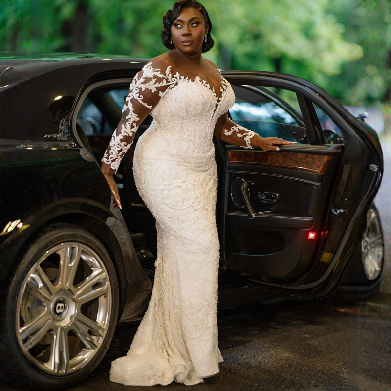 Plus Size Aso Ebi Wedding Dresses Sheer Neck Illusion Long Sleeves Tulle Lace Bridal Gowns with Detachable Train for Nigeria Black Women Mermaid Marri