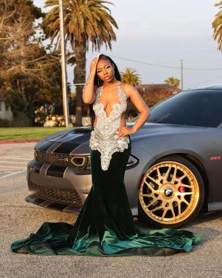 Eremald Green Velvet Mermaid Prom Dresses for Black Girl Sheer Mesh Luxury Diamond Crystal Birthday Guest Gown for Women