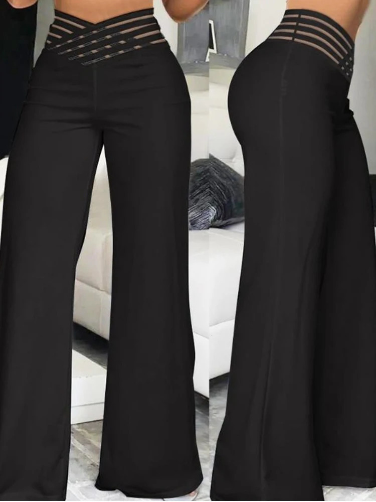 Elegant High Waist Flared Women Pants Office Casual Crisscross Sheer Mesh Patch Trousers Clothes 231228