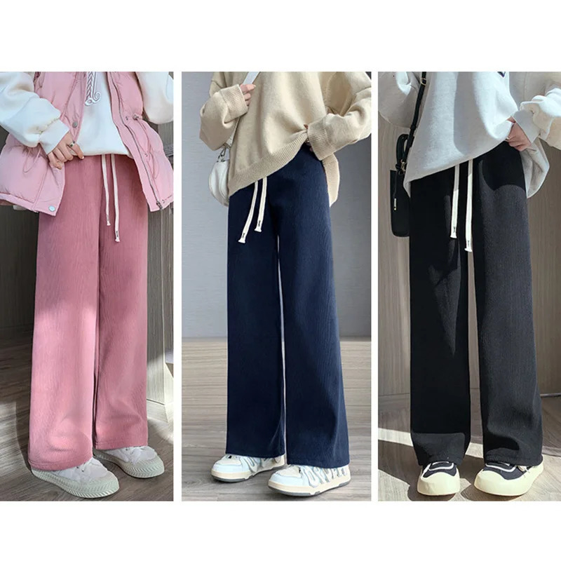 2023 Casual Women Long Thick Pants Autumn Winter High Waist Wide Leg Thicken Female Straight Trousers 231228