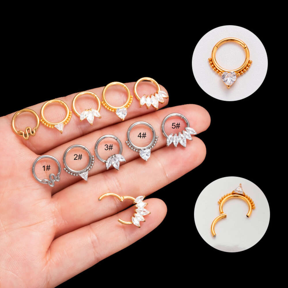 Surgical Titanium Stainless Steel Snake Nose Ring Prong Shiny Cubic Zircon18k Gold Cartilage Ring Hip Hop Popular Piercing Body Jewelry Accessories Bi