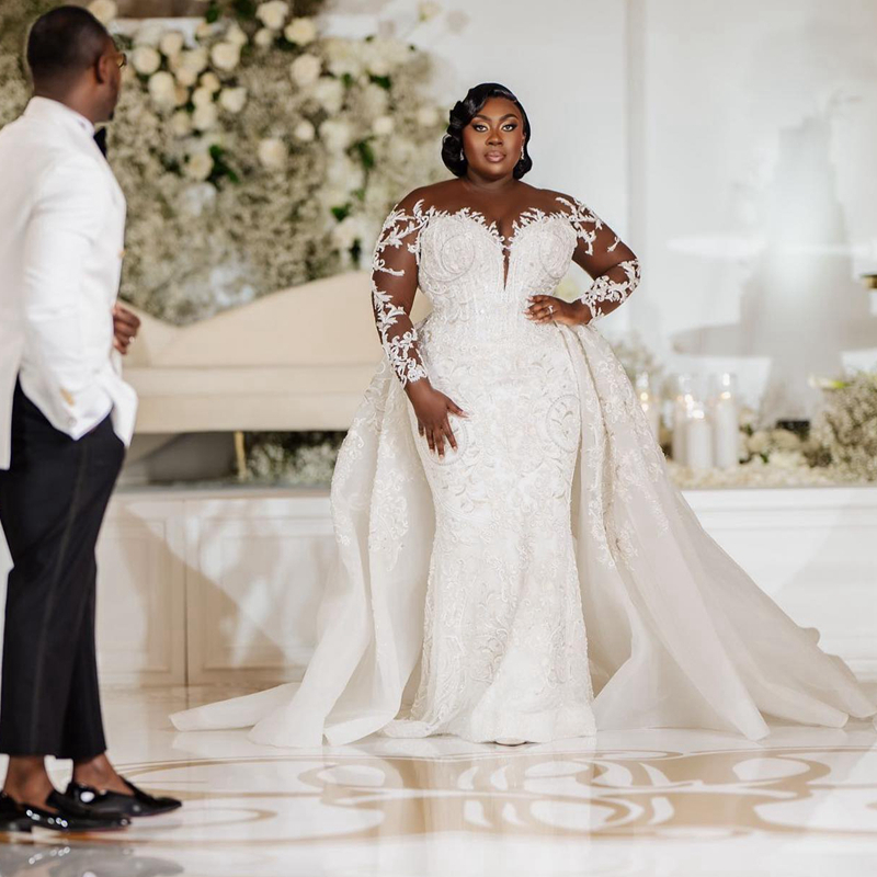 Plus Size Aso Ebi Wedding Dresses Sheer Neck Illusion Long Sleeves Tulle Lace Bridal Gowns with Detachable Train for Nigeria Black Women Mermaid Marri