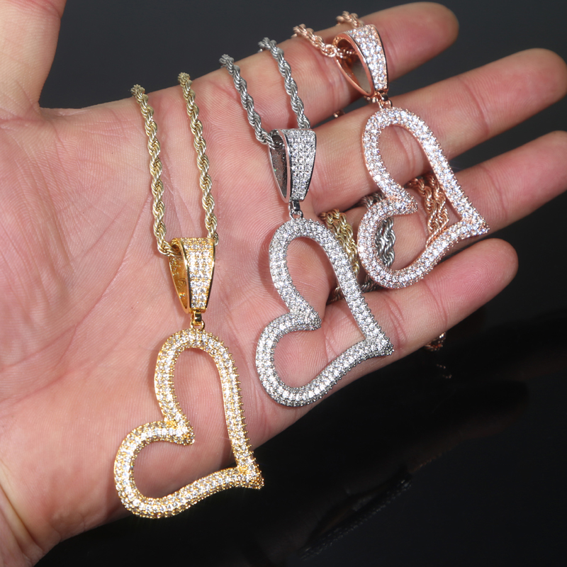 Trendy Tilted Hollow Heart Pendant Necklace Glossy Charms Iced Out Prong Setting CZ Cubic Zirconia Hip Hop Women Gift Jewelry