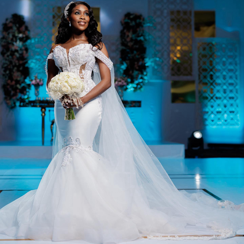 Plus Size Aso Ebi Wedding Dresses Mermaid Off Shoulder Illusion Sexy Bridal Gowns for African Arabic Nigeria Black Women Bride Tiered Tulle Marriage D