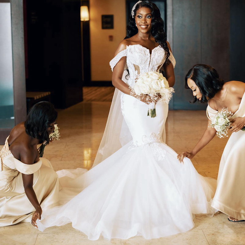 Plus Size Aso Ebi Wedding Dresses Mermaid Off Shoulder Illusion Sexy Bridal Gowns for African Arabic Nigeria Black Women Bride Tiered Tulle Marriage D