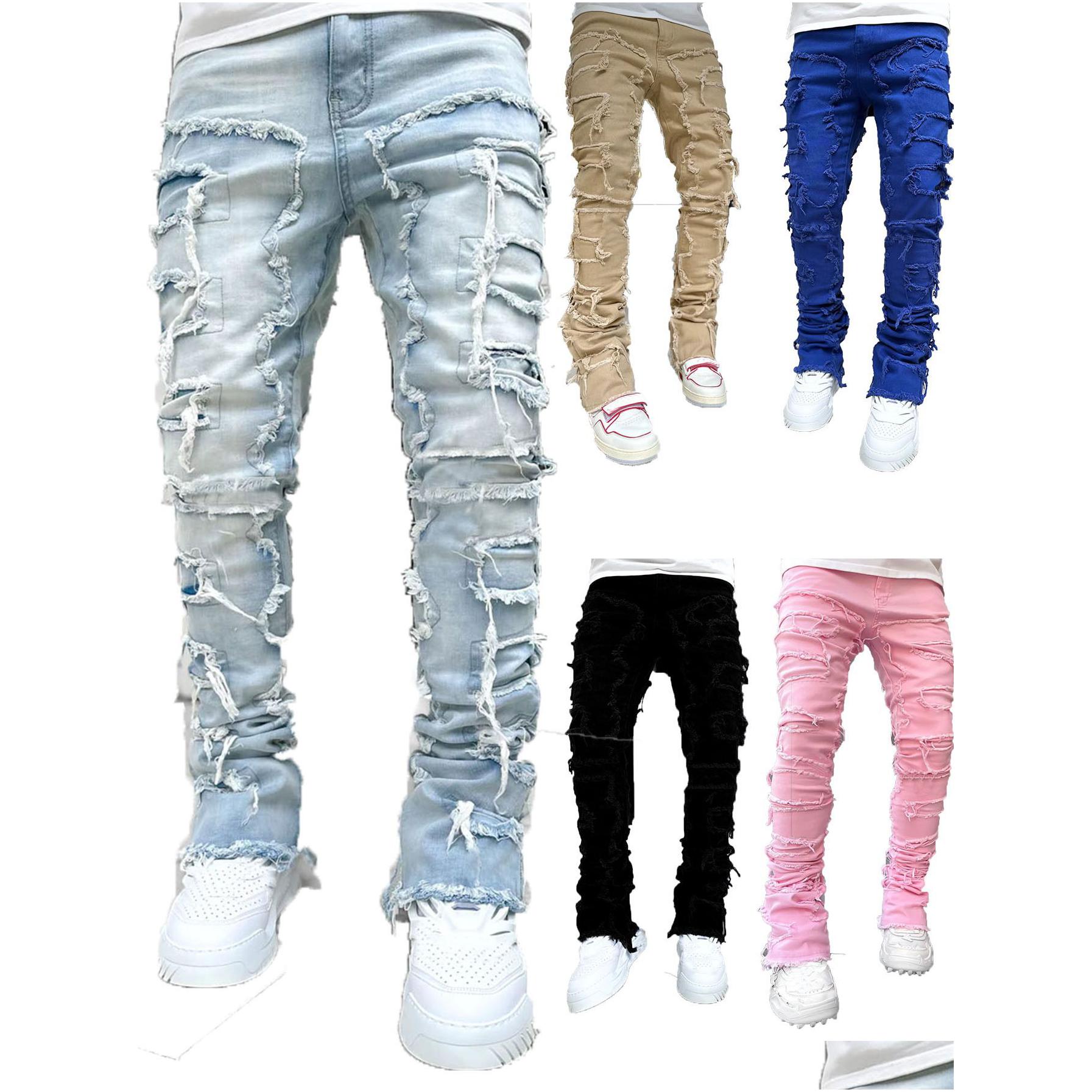 Mens Jeans Regar Fit Stacked Died Destroyed Straight Denim Pants Streetwear Clothes Casual Jean Drop Delivery Dhqfz