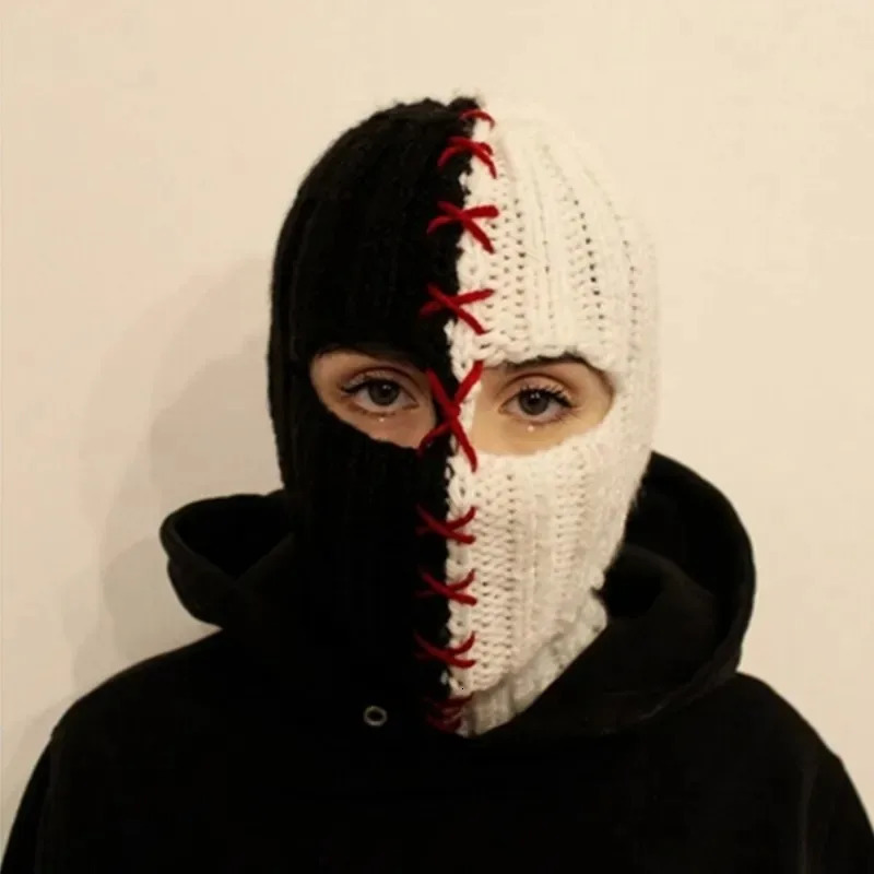 Terrifying Ghost Knitted Winter Balaclava Bucket Hat Full-Head Halloween Cosplay Black and White Stitching Balaclava 231229