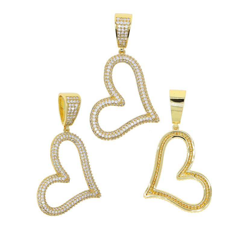 Trendy Tilted Hollow Heart Pendant Necklace Glossy Charms Iced Out Prong Setting CZ Cubic Zirconia Hip Hop Women Gift Jewelry
