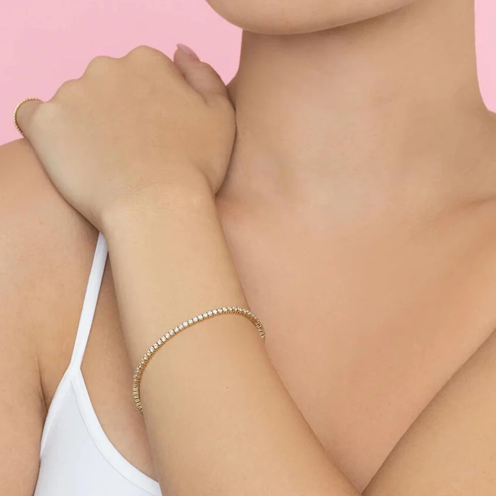 ANDYWEN 925 Sterling Silver Gold 2mm Round Cut Tennis Bracelet Zircon CZ Bangle Claps Women Chain Crystal Wedding Fine Jewelry 231229