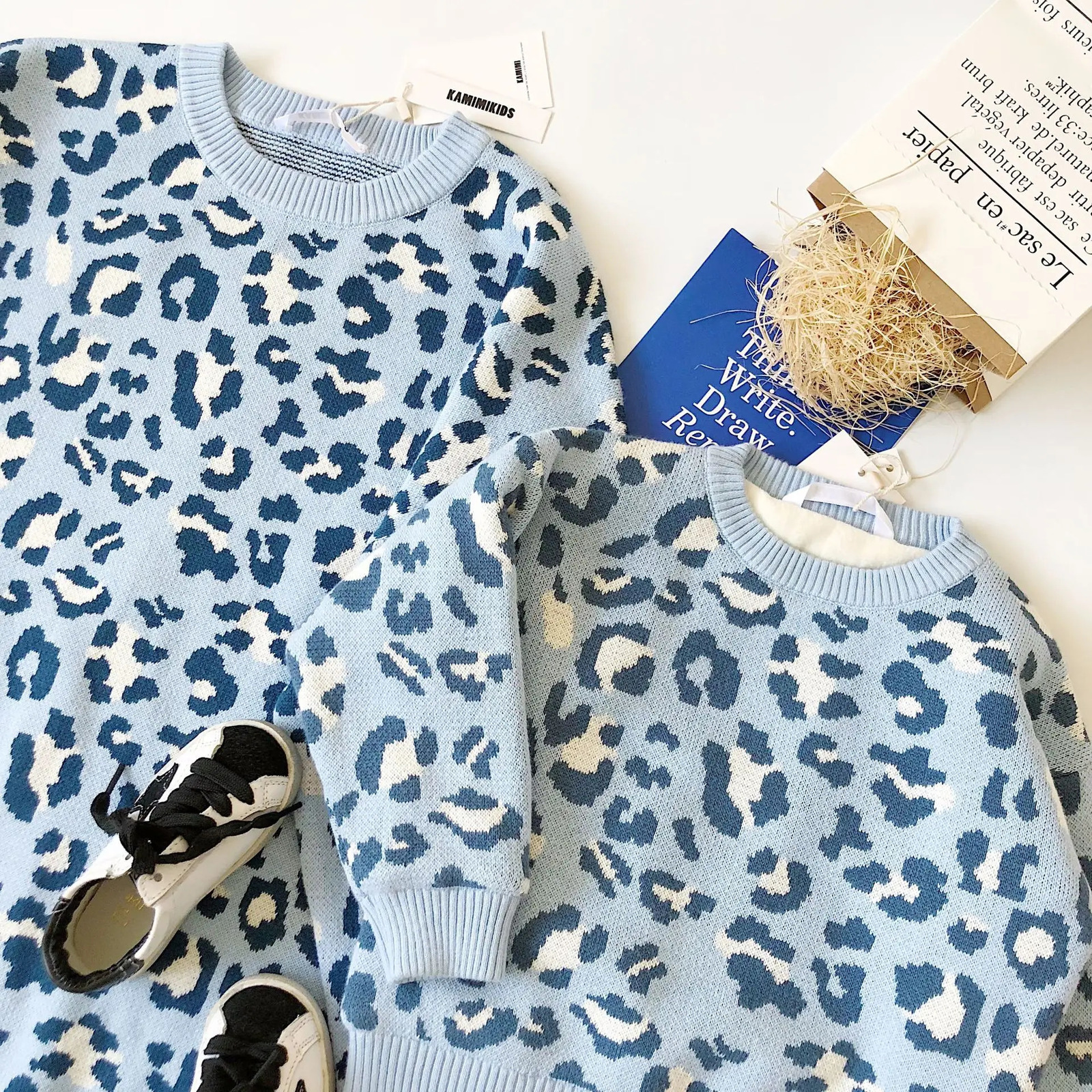 Tonytaobaby Winterwear Baby Leopard Knitted Jacquard Plush Sweater Parent-Child Dress 231229