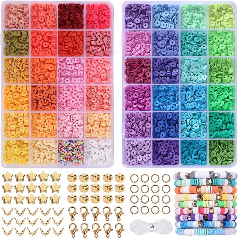 4800 Rainbow Color Clay Beads Kit 6mm Flat Round Polymer Clay Beads for Bracelet Making DIY Handmade Boho Style Bracelet Earri 231229