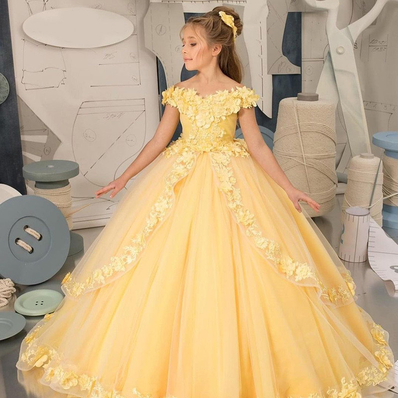 Yellow Princess Wer Girls Dresses For Wedding Off The Shoulder Birthday Party 2024 3D Ral Lace Appliques Kids Formal Wear Toddler Girl Long Train Page