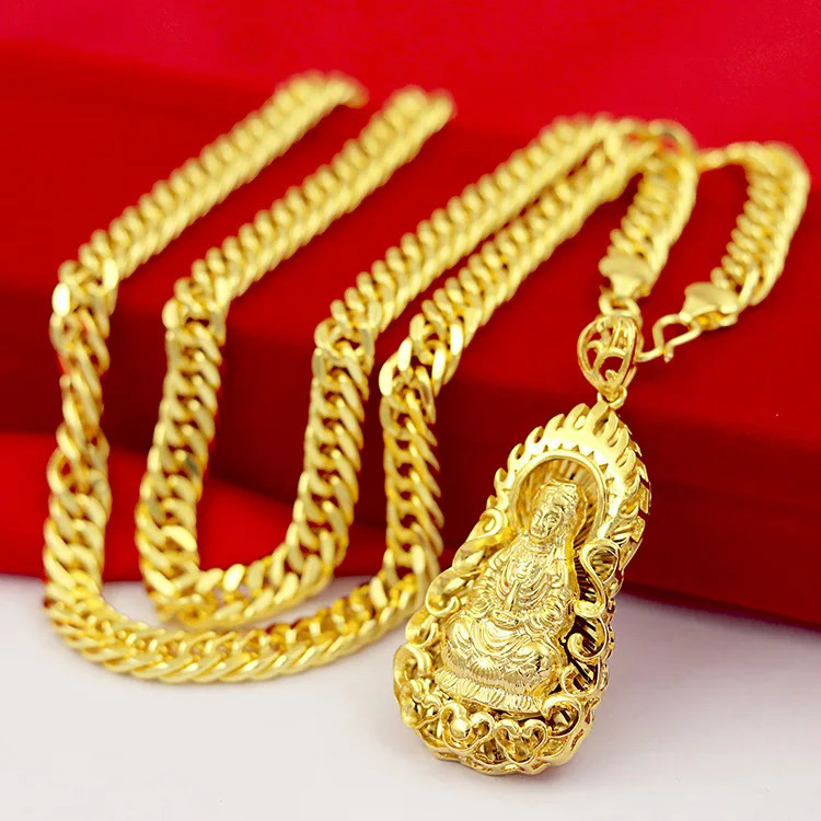 18k Yellow Gold Necklace for Women Men Hollow Guanyin Golden Dragon Pendant Necklace Wedding Engagement Not Fade Jewelry Gift 231229