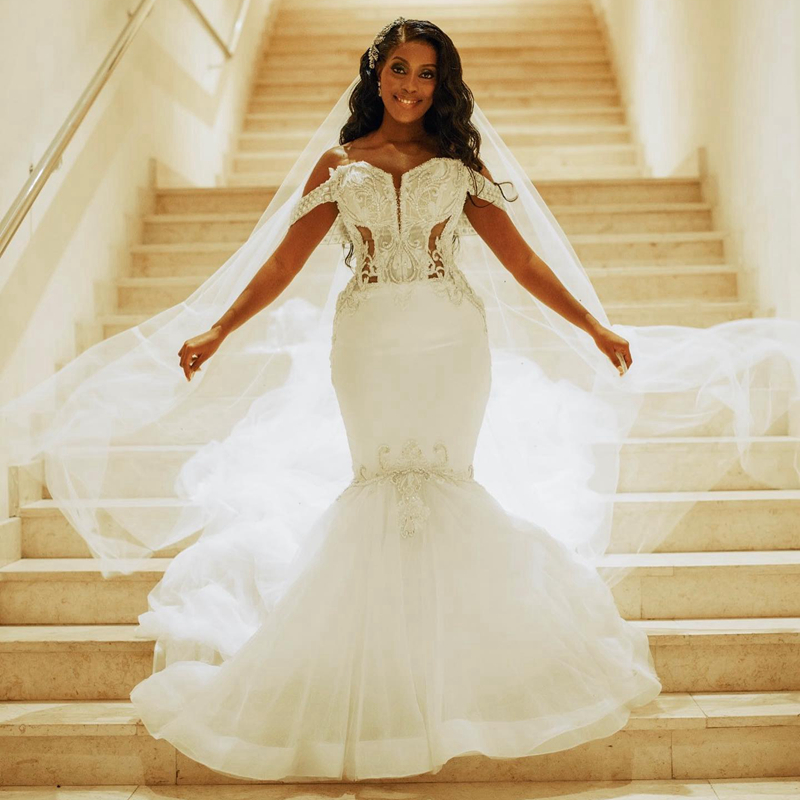 Plus Size Aso Ebi Wedding Dresses Mermaid Off Shoulder Illusion Sexy Bridal Gowns for African Arabic Nigeria Black Women Bride Tiered Tulle Marriage D