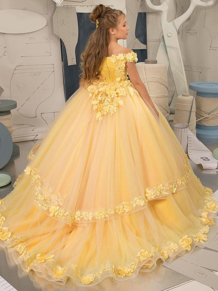 Yellow Princess Wer Girls Dresses For Wedding Off The Shoulder Birthday Party 2024 3D Ral Lace Appliques Kids Formal Wear Toddler Girl Long Train Page