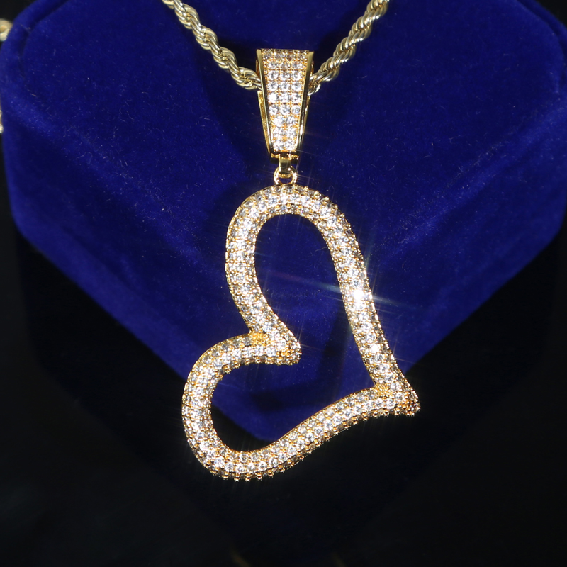 Trendy Tilted Hollow Heart Pendant Necklace Glossy Charms Iced Out Prong Setting CZ Cubic Zirconia Hip Hop Women Gift Jewelry