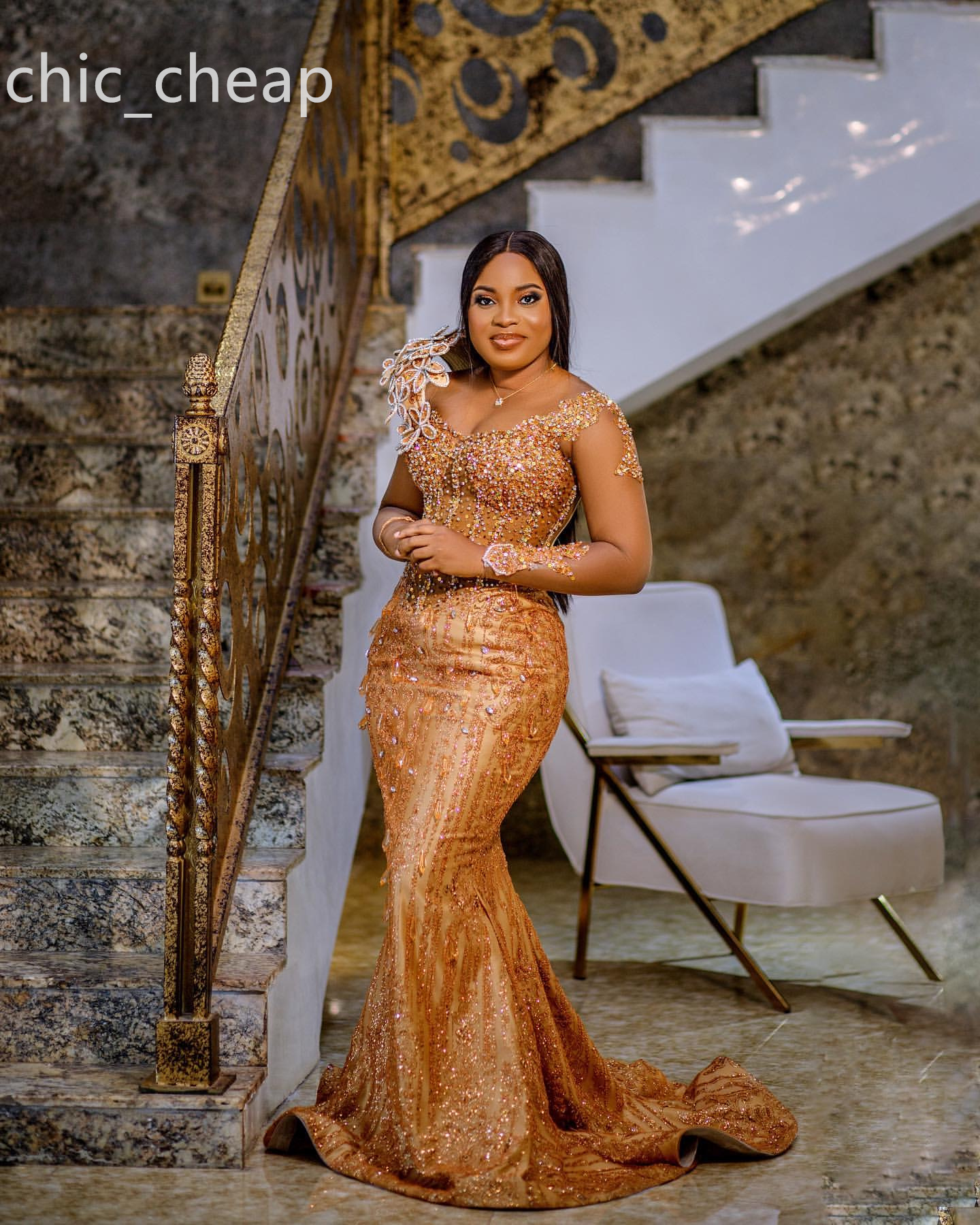 2024 Aso Ebi Gold Mermaid Prom Dress Sequined Fulllace Crystals Sexy Evening Formal Party Second Reception Birthday Engagement Gowns Dresses Robe De S