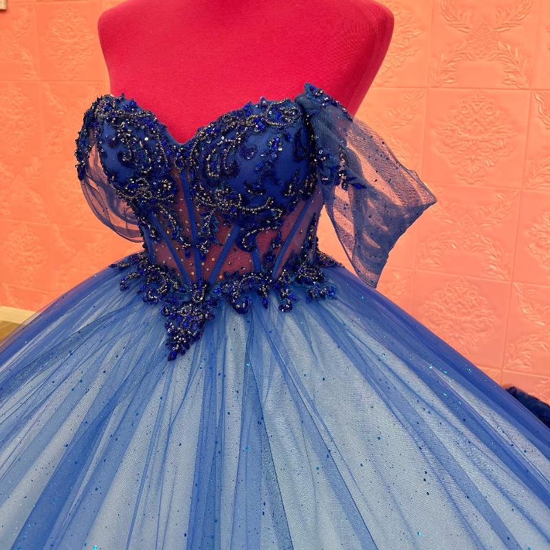 Blue Quinceanera Dress Off the Shoulder Mexican Party Sweet 16 Ball Gown Lace Applique Sequins Beading Vestidos De XV 15 Anos