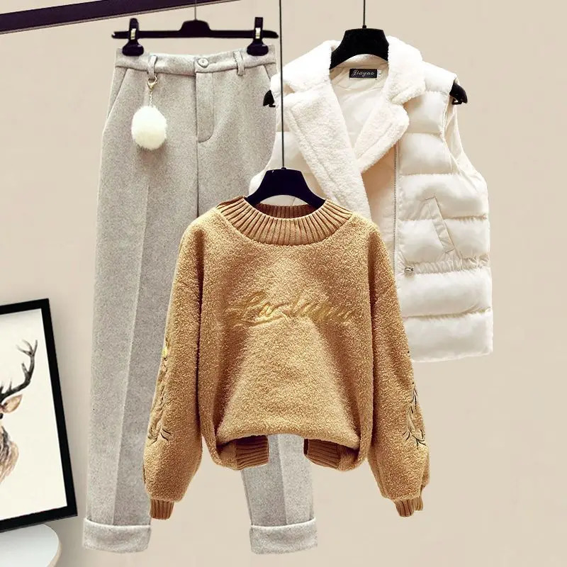 Thickened Cotton Jacket Vest Knitted Long Sleeved Sweater Pullover Woolen Pants Three Piece Elegant Womens Set 231229