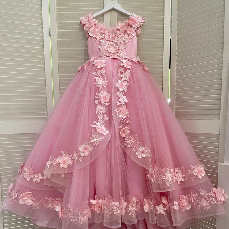 Yellow Princess Wer Girls Dresses For Wedding Off The Shoulder Birthday Party 2024 3D Ral Lace Appliques Kids Formal Wear Toddler Girl Long Train Page