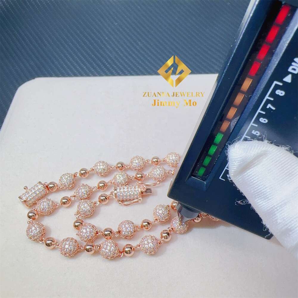Customized 8mm Iced Out Hip Hop Chain Jewelry Sterling Sier Rose Gold Plated Vvs Moissanite Ball Bead Cuban Necklace