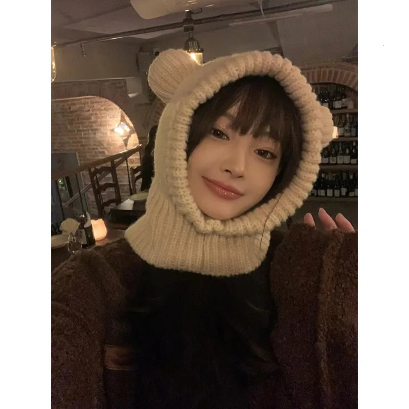 Korean Version Cute Little Bear Ear Pullover Knit Hat For Women Autumn And Winter Warm Balaclava Hat Plush Integrated Caps 231229