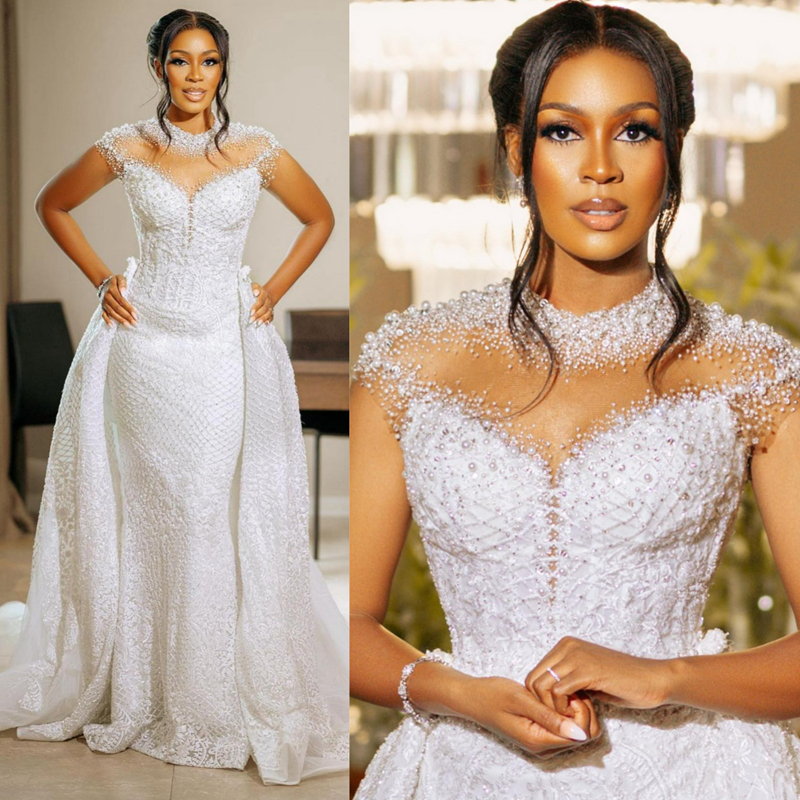Aso Ebi Wedding Dresses Sheer Neck Illusion Short Sleeves Tulle Lace Bridal Gowns for African Black Women Bride Mermaid Marriage Dress with Detachable