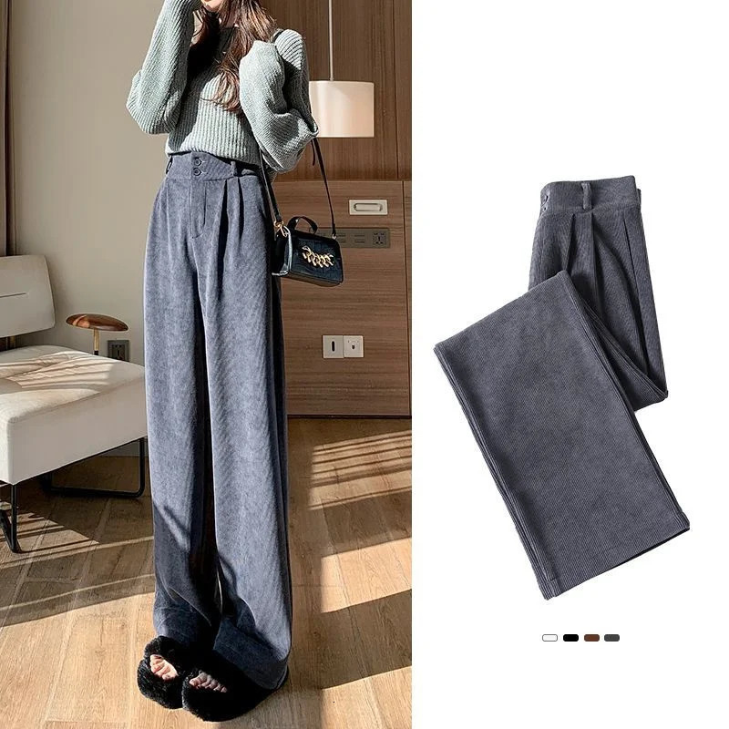 Korean Fashion Womens Pants Winter Plus Velvet Wide Leg Casual Woman Pant High Waist Straight Women Loose Trousers 231229