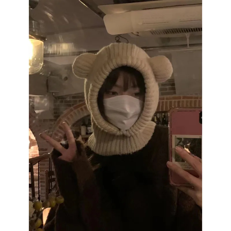 Korean Version Cute Little Bear Ear Pullover Knit Hat For Women Autumn And Winter Warm Balaclava Hat Plush Integrated Caps 231229