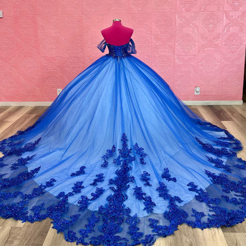 Blue Quinceanera Dress Off the Shoulder Mexican Party Sweet 16 Ball Gown Lace Applique Sequins Beading Vestidos De XV 15 Anos